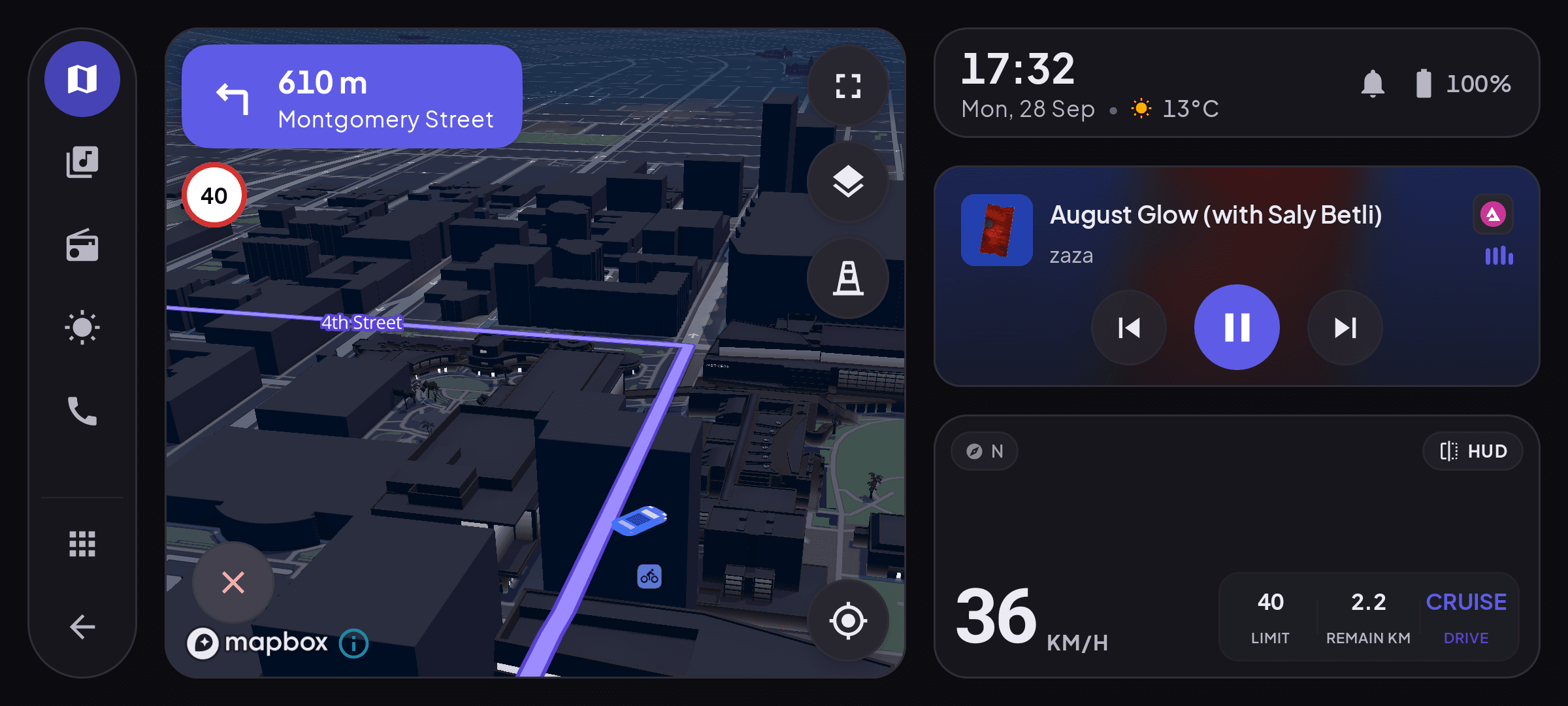 The Cardashly cockpit in landscape: map, clock, now-playing card and a large speedometer