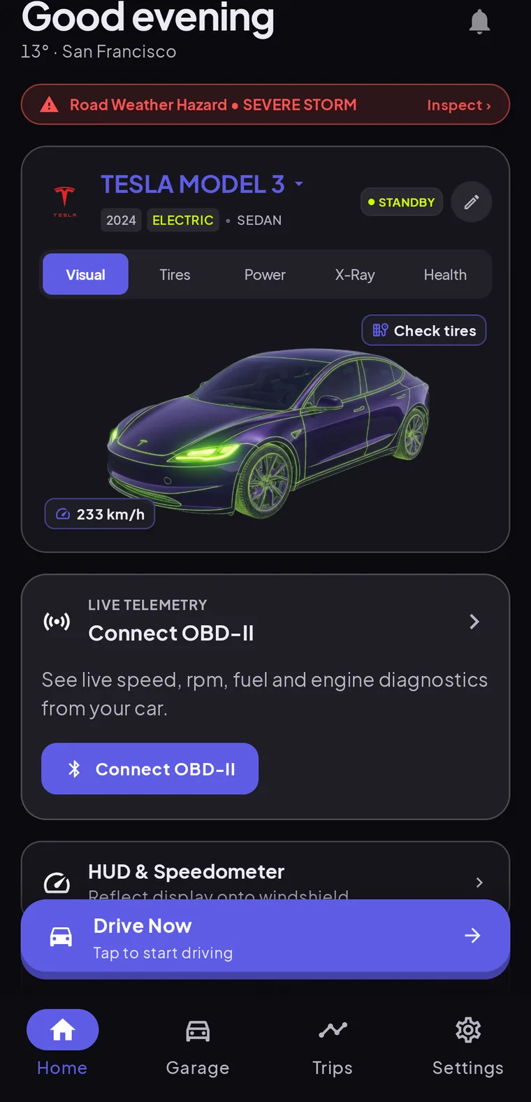 Cardashly home screen: the active vehicle, live telemetry card and a Drive now button